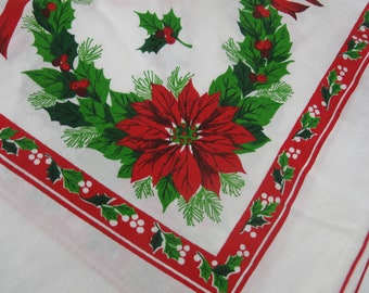 1970s Christmas Tablecloth Mid Century Tablecloth Holly Poinsettia Tablecloth Green Red 86" x 58"