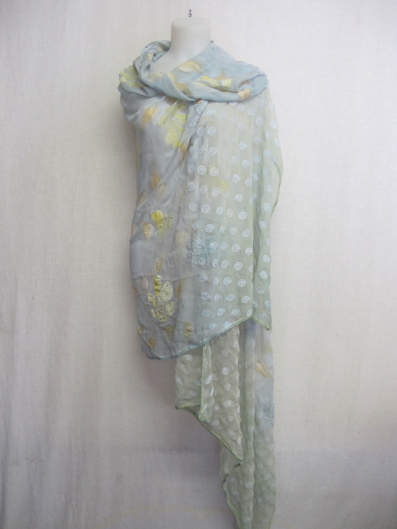 Sari Shawl Embroidered Shawl Seafoam Aqua Shawl Sari Indian Shawl Chiffon Shawl Organza Veil image 2