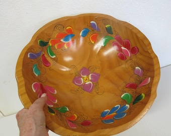 Vintage Hand Painted Wooden Bowl Colorful Mexican Folk Art Floral Bowl Southwestern Decor