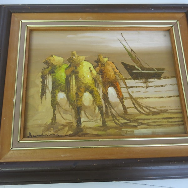 Mid Century Oil Painting Asian Fisherman Painting Nets and Boat Alfredo Buenaventura