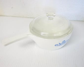 ヴィンテージ コーニングウェア ブルーコーンフラワー ソースパン（蓋付き）｜1クォート ホワイトミルクガラス キャセロール鍋｜ミッドセンチュリー キッチン調理器具