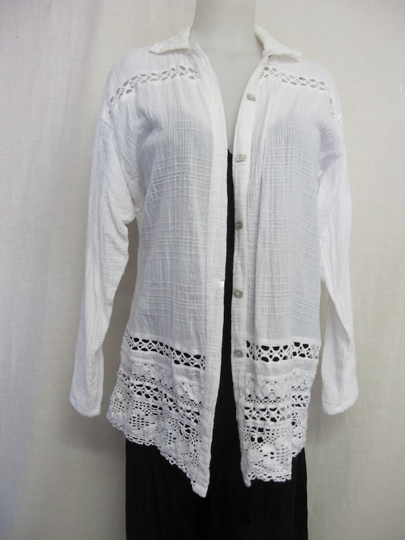 White Cotton Tunic Blouse Dress Crochet Tunic Gau… - image 2