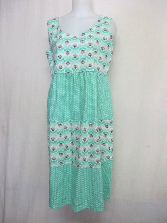 Summer Cotton Sleeveless Dress Farm Girl Dress Handmade Empire Waist Aqua