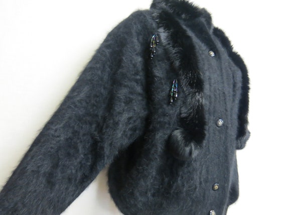 BelindasStyleShop Black Angora Cardigan Sweater Fuzzy Cardigan Dress Up Crystal Beads Rabbit Jacket M/L