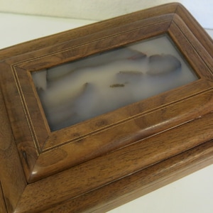 Vintage Wood Jewelry Box: Artisan Agate Inlay, Velvet Lined