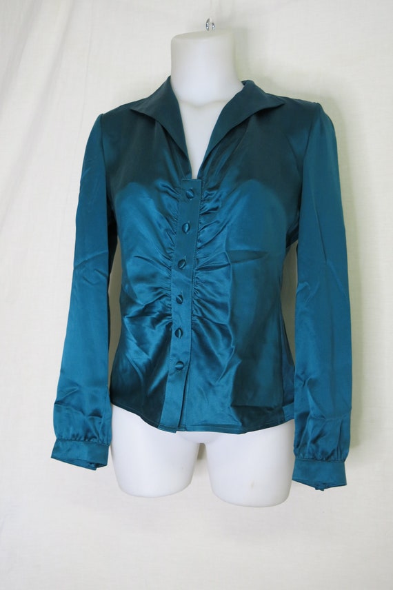 Turquoise Silk Satin Blouse Long Sleeve Small 4P … - image 2