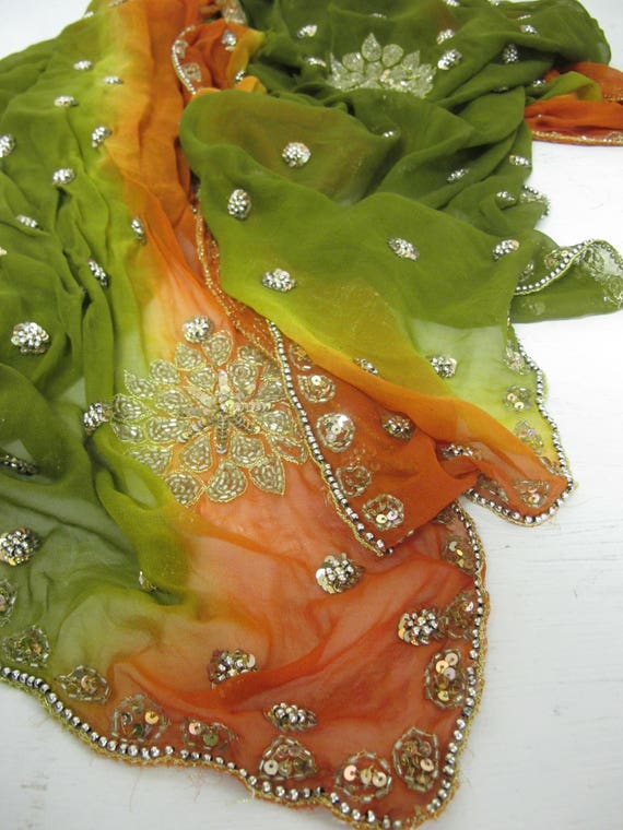 Beaded Sari Shawl Ombre Chiffon Shawl Embroidered