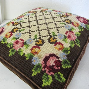 Mid Century Needlepoint Pillow Floral Needlepoint Pillow Rose 1960s