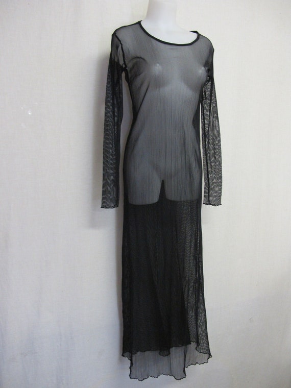 Goth Black Lace Dress Sheer Net Long Sleeve Lace S