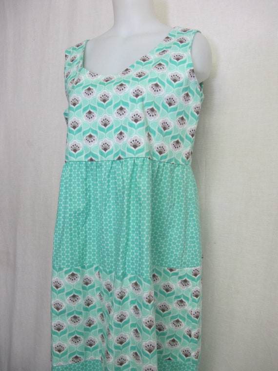 Summer Cotton Sleeveless Dress Farm Girl Dress Handmade Empire Waist Aqua View 2
