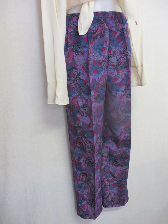 Thai Silk Pants Elastic Waist Floral Silk Pants M… - image 2