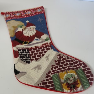 Vintage Completed Needlepoint Cross Stitch Christmas Stocking Santa
