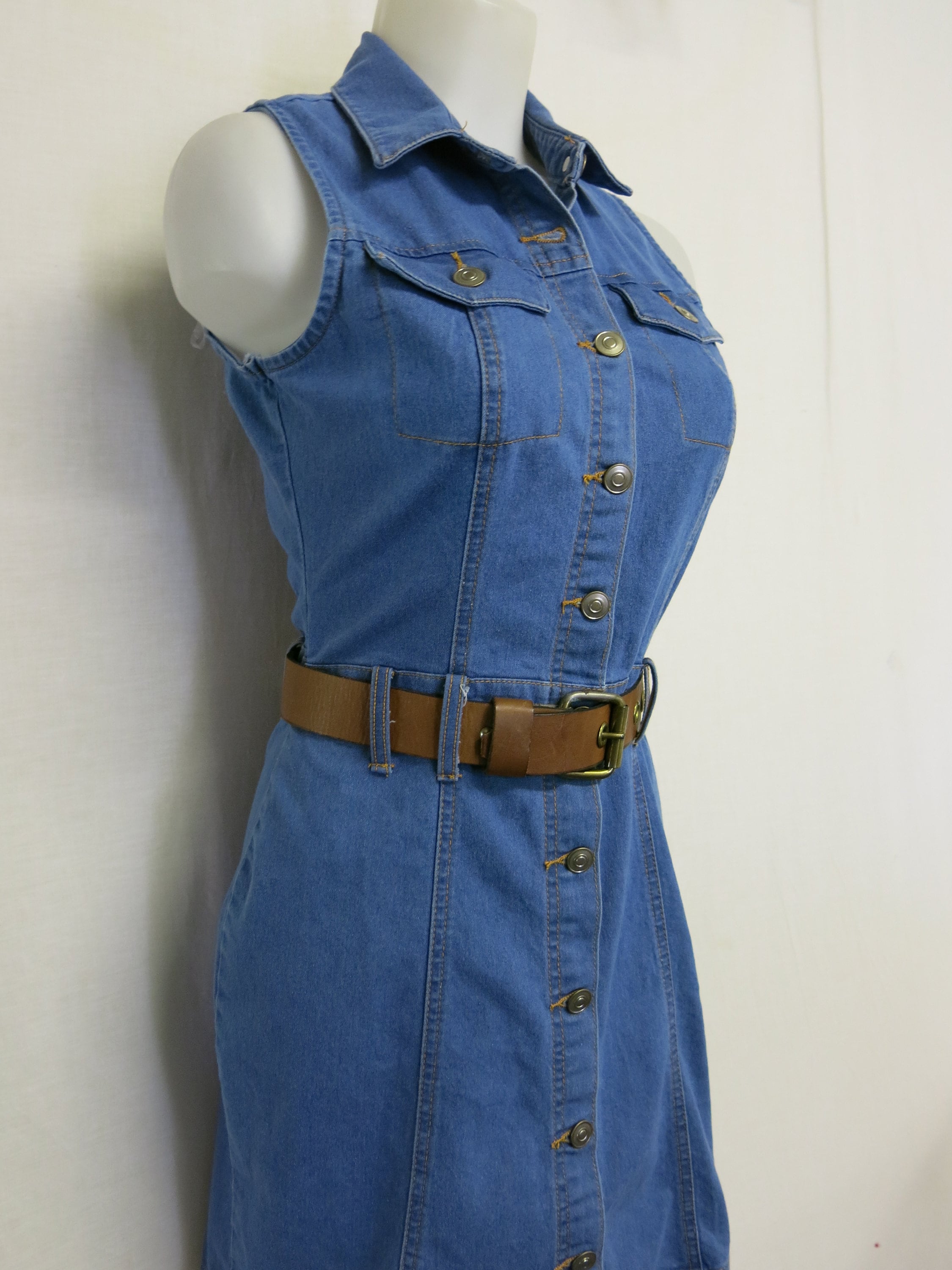 sleeveless denim dress with belt Sleeveless Denim Midi Dress