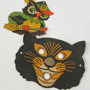 Juego de 3 decoraciones de pared de cartón troquelado para Halloween vintage, máscara de gato de Halloween de mediados de siglo.