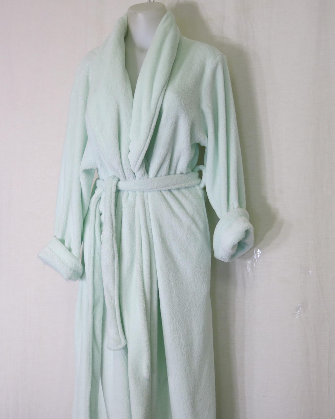 Vintage Aqua Plush Robe – Romantic Shawl Collar Housecoat – Soft Pastel ...