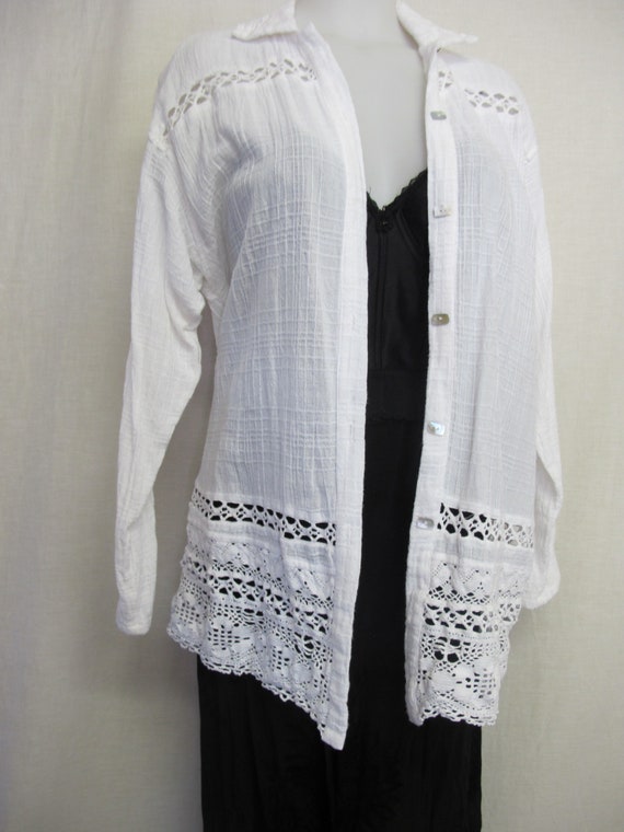 White Cotton Tunic Blouse Dress Crochet Tunic Gau… - image 4