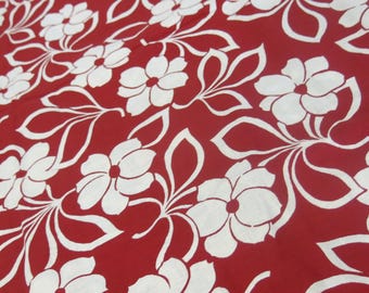 Vintage Hawaiian Cotton Fabric: Red Hibiscus Floral Print, 3 Yards