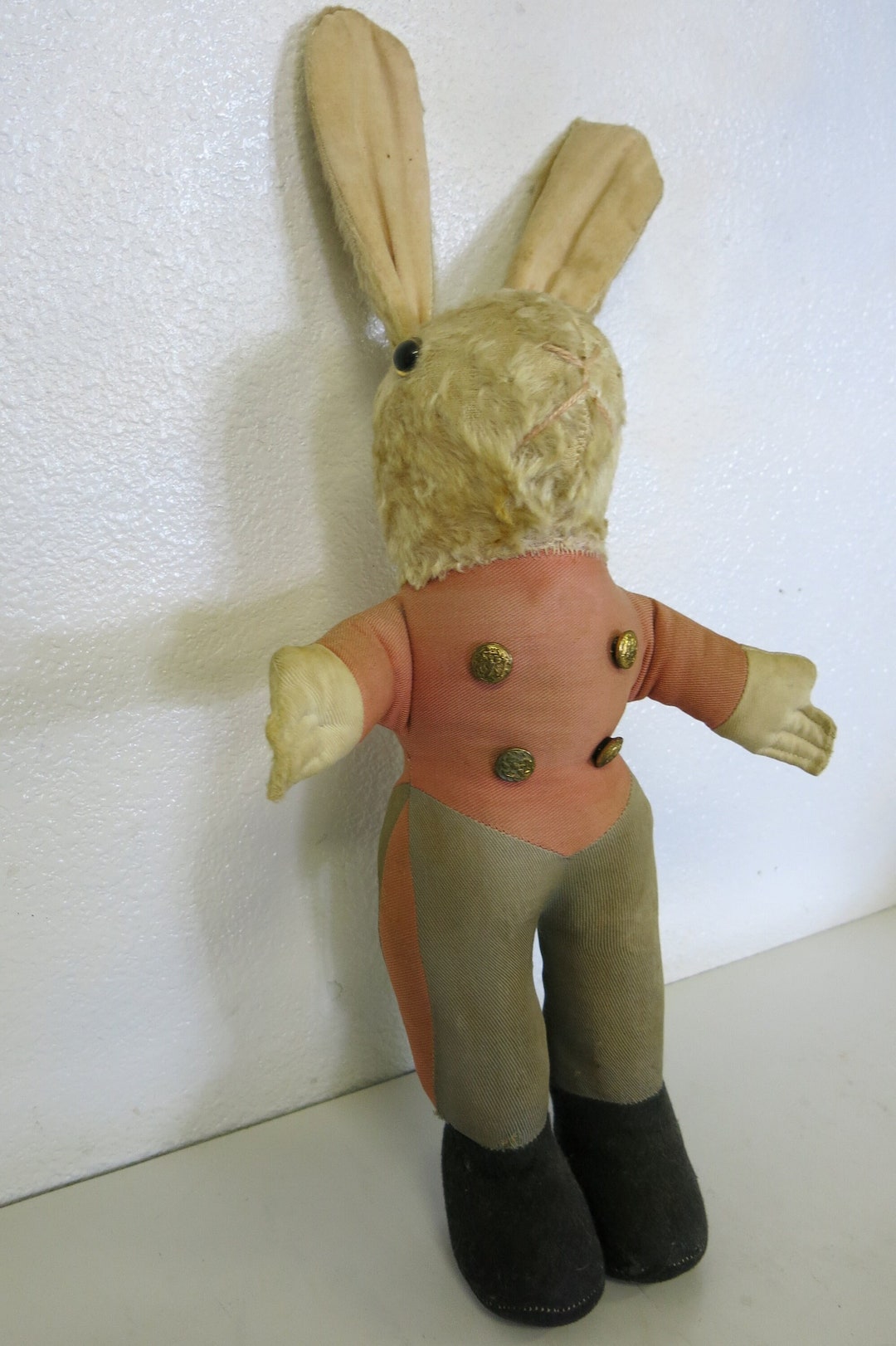 Vintage 1930s Stuffed Rabbit: Cotton Plush Toy Soldier With Brass ...