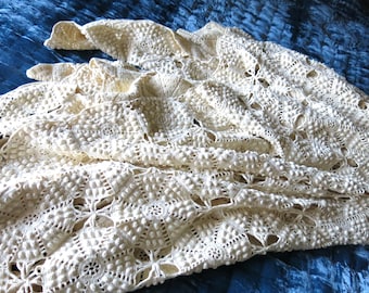 White Cotton Popcorn Crochet Bedspread Afghan Fringe Bedspread Handmade 96" x 80" HEIRLOOM