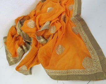 Silk Chiffon Shawl Sari Indian Shawl Dress Up Shawl Orange