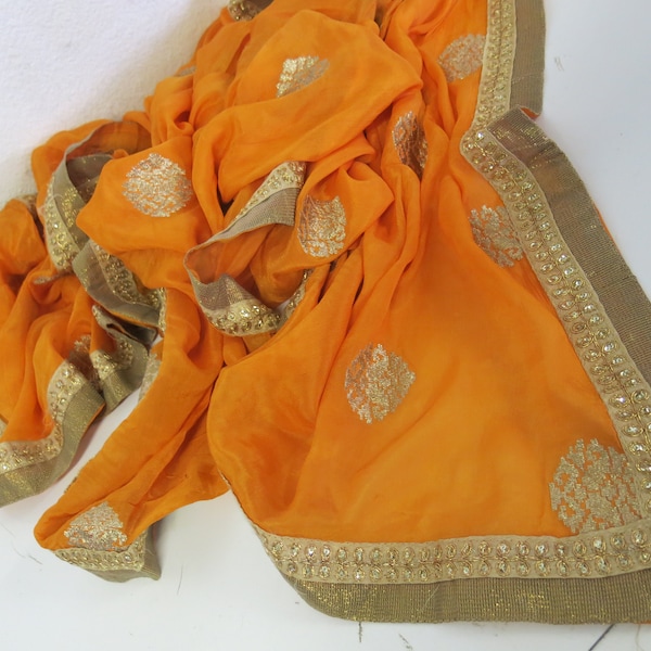 Silk Chiffon Shawl Sari Indian Shawl Dress Up Shawl Orange