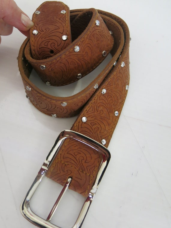 Brown Cowboy Belt with Rhinestones GUESS Wide Bel… - image 1