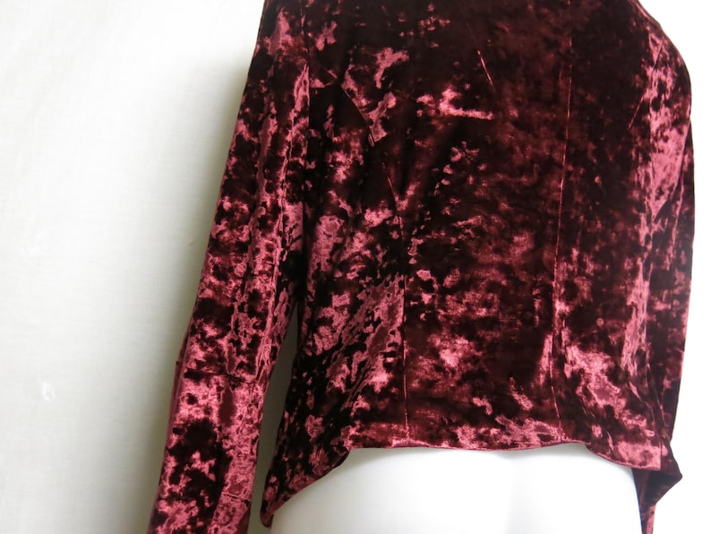 May include: A long-sleeved, burgundy crushed velvet top with a high neckline. The fabric has a textured, slightly raised pattern.