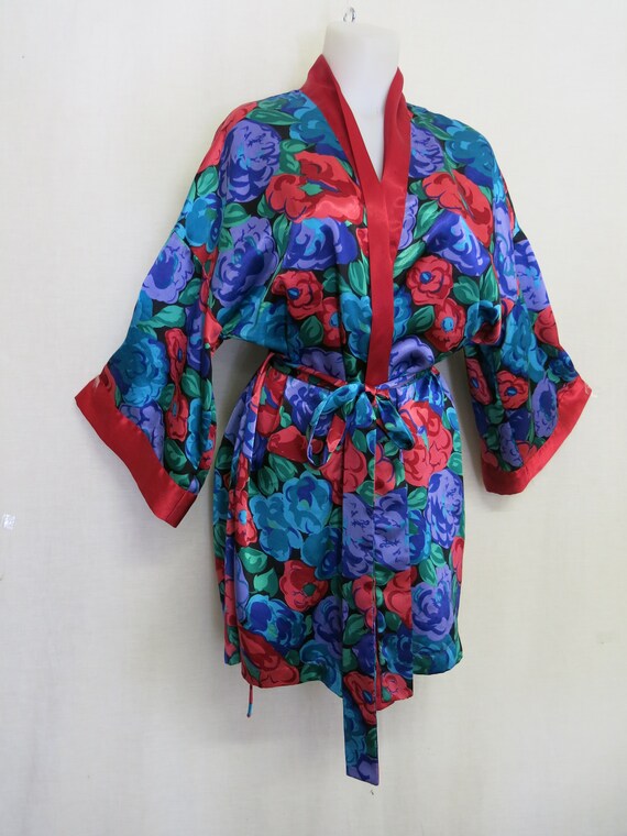 Satin Robe Floral Short  Satin Robe Loungewear Vi… - image 4