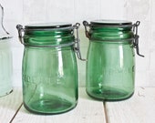 Set of 2 Authentic quot L 39 ideale quot Vintage French 0.75L Green Glass Jars Antique Glass Preserving Jar - Vintage Kitchen Storage