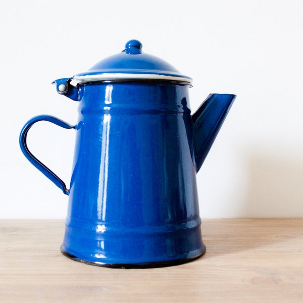 French country dark blue enamel kettle - French vintage Coffee pot or teapot - French kitchen home decor