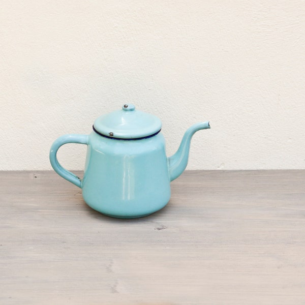 Little blue enamel kettle - French vintage Enamelware Teapot Coffee pot - Retro home decor