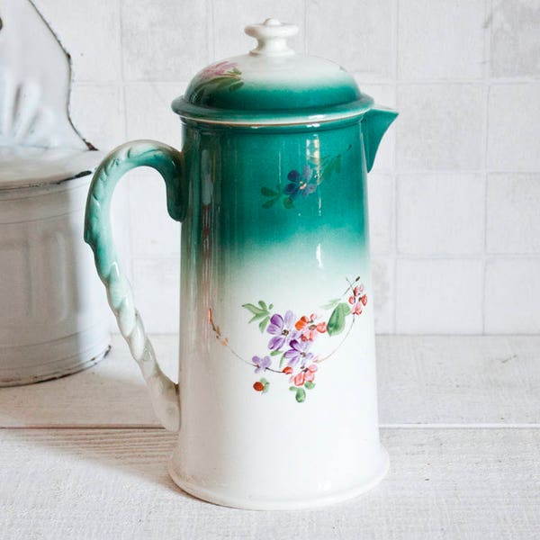 Very pretty emerald green and white Gien porcelain coffee pot - Romantic French vintage coffee pot - Art deco style