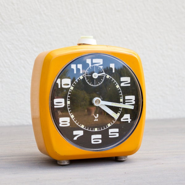 Vintage French Jaz Alarm Clock orange 70's Retro/ Mid Century - Bright Color Pop square clock