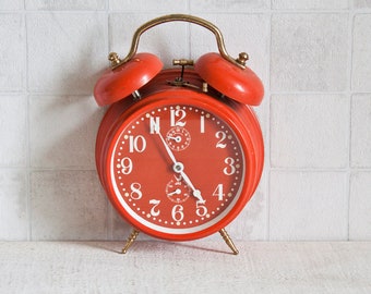 Large Vintage French JAZ Mechanical Orange Alarm Clock || 70's Retro/ Mid Century - Bright Color Pop Clock