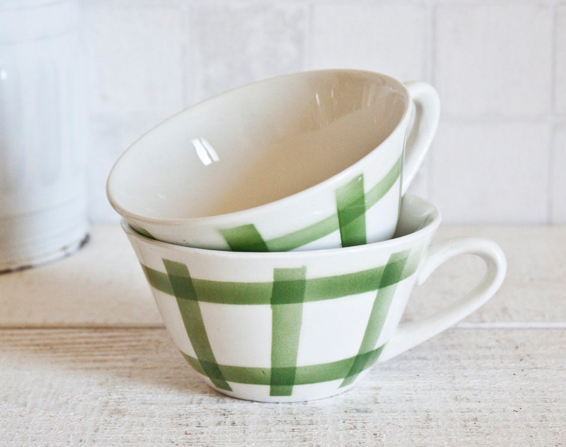Set of 2 Vintage French Tea Cups Green Torchon Etsy