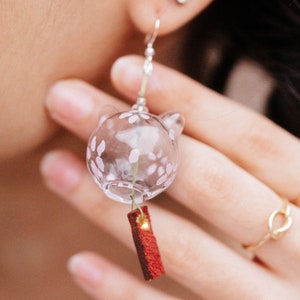 cat furin windchime handmade earrings || charm || calico cat, poppy, cherry blossom