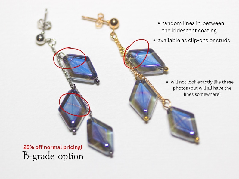 Peut inclure: Une paire de boucles d'oreilles en forme de diamant bleu iris&eacute; avec une cha&icirc;ne dor&eacute;e et une cha&icirc;ne argent&eacute;e. Les boucles d'oreilles sont disponibles en clips ou en clous. 25% de r&eacute;duction sur le prix normal ! Option de qualit&eacute; B.
