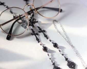 Chaîne de lunettes gothique : inspiration Skully J. Graves, breloques noir et blanc