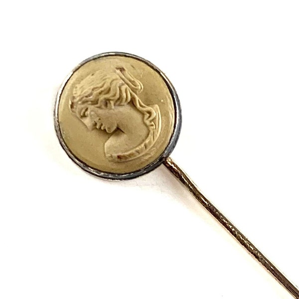 Antique Lava Cameo Stick Pin Gold Filled Victorian Woman Carved Stone Cameo Facing Left 1800s Vintage Estate Jewelry Gift for Her