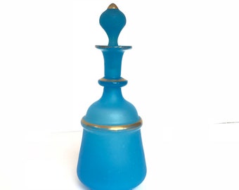 Victorian French Blue Opaline Perfume Bottle Antique Frosted Blue Dresser Perfume Bottle Art Glass Scent Cologne Vintage Vanity Bottle 1800s