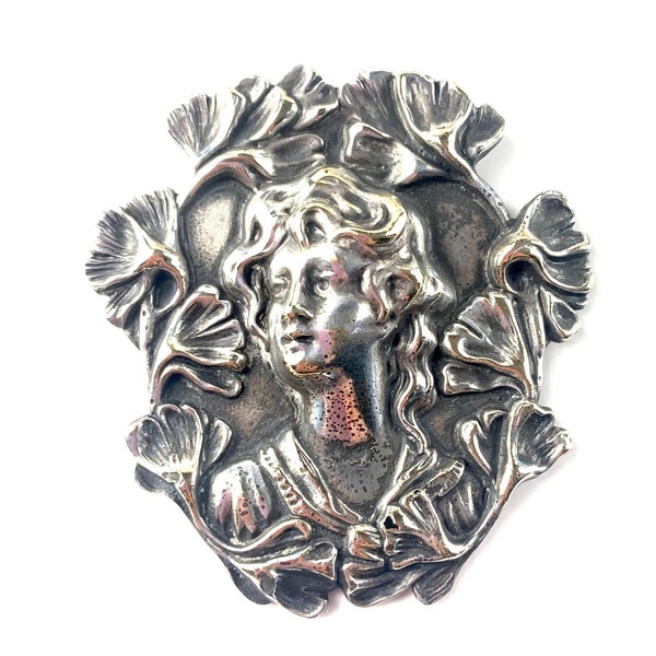 Antique Art Nouveau Woman Buckle Silver Plate Part Dated 1907 Vintage Victorian Estate Jewelry Making Destash