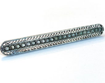 Vintage Rhinestone Sterling Silver Bar Pin Victorian Filigree Paste Brooch Wedding Bridal Antique Estate Jewelry Gift for Women