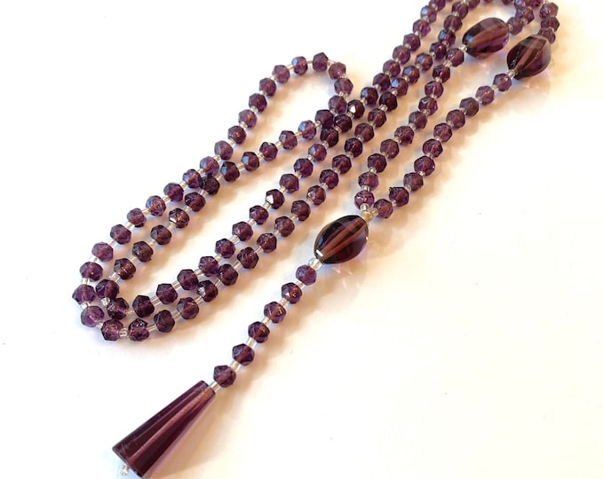 Antique Victorian Purple Glass Bead Necklace Vintage Long Czech