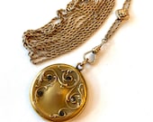 Antique Victorian Photo Locket Slide Chain Necklace Art Nouveau Gold Filled Rhinestone Picture Locket Watch Chain Vintage Estate Jewelry