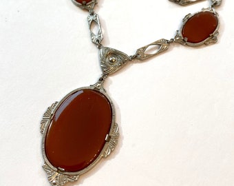 Vintage Carnelian Glass Necklace Art Deco Silver Metal Red Pendant Necklace 1920s - 1930s Antique Estate Jewelry Gift for Her