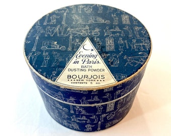 Vintage Evening in Paris Perfumed Bath Dusting Powder Box WW2 Temporary Victory Package Bourjois Blue Vanity Display Container w Graphics