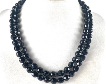 Vintage Black Cut Glass Beaded Necklace 2 Strands Crystal Beads 1950s 1960s Wedding Bridal Black Tie Event Necklace Antique Estate Jewelry