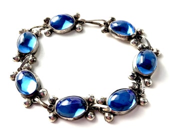 Vintage Mexican Sterling Silver Bracelet Mid Century Mexico Blue Glass Links Antique Estate Jewelry Gift for Woman