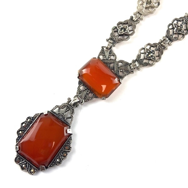 Vintage Carnelian Sterling Silver Necklace Art Deco Marcasite Red Chalcedony Cornelian Stone Pendant 1920s Fine Vintage Estate Jewelry