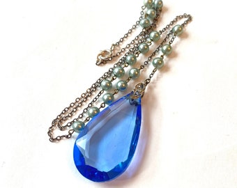 Vintage Blue Pendant Necklace Antique Faceted Glass Tear Drop w Sterling Silver Pearl Chain Art Deco Estate Jewelry Gift For Her